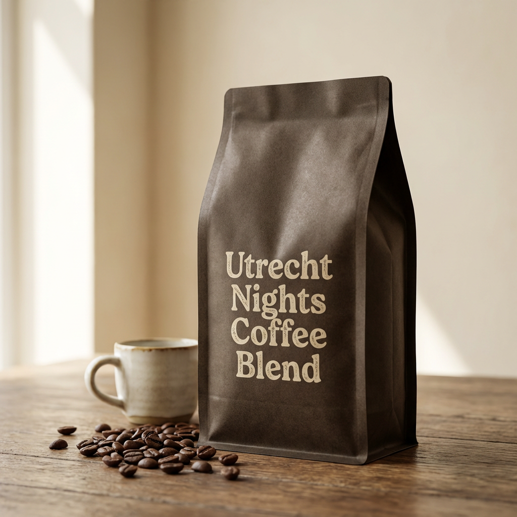 Utrecht Nights — a dark coffee bag with a cup of espresso, cinnamon sticks and star anise on a wooden table